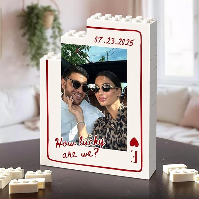 NAZENTI Custom Photo Building Block Gifts for Anniversary, Personalized Couple Playing Card Puzzle Blocks, Valentines Day Gifts for Boyfriend, Romantic Home Decor for Him, Picture Memory Desktop