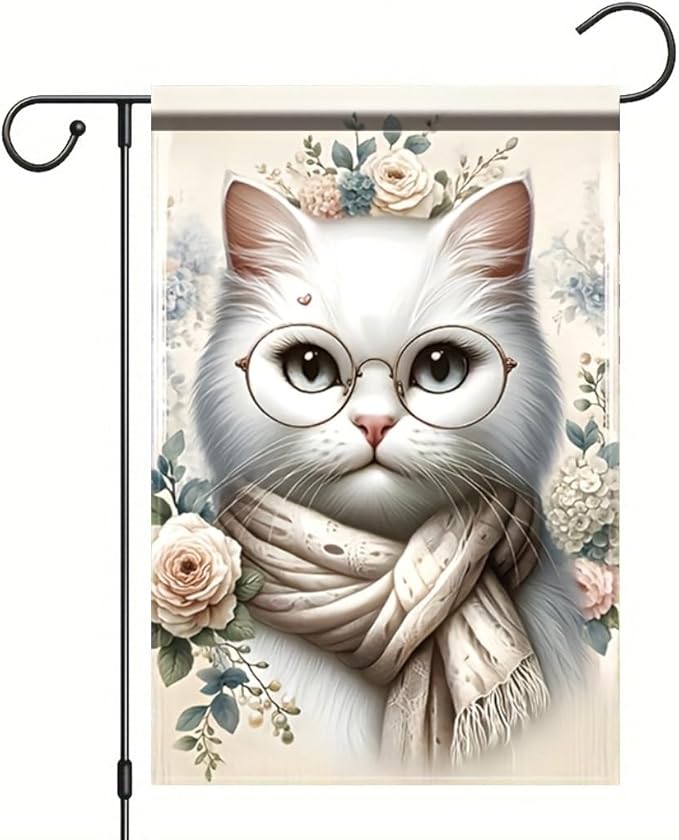 Cat Garden Flag 12x18 Inch Double Sided Outdoor Yard Banner White Cat with Glasses and Scarf Floral Design for Spring Summer Patio Porch Lawn Decoration