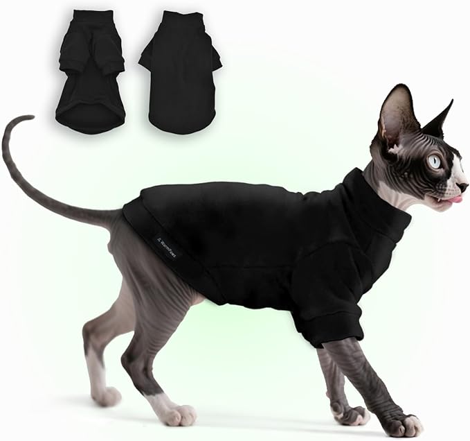 Fleece Sphynx Cat Clothes Soft Hairless Cat Clothes Pullover Cat Sweater for Chihuahua All Season Light and Warm Kitten Cloth for Cats Only Puppy Clothes Small Dog Sweater (Black, Small)