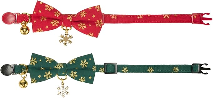 2 Pack Christmas Cat Collar with Bell and Bowtie,with Bling Snowflake Charm and Printing Pattern, Safety Breakaway Clasp, Adjustable for Kitten and Cats Green and Red.