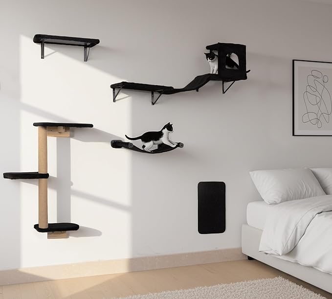 Wall Mounted Cat Furniture Combo of 5, 5 in 1 Cat Shelves with Hammock, Bridge, Climbing Tree, Scratcher & Perch – Indoor Wall Cat Playground for Large Cats, Holds Up to 30 lbs,