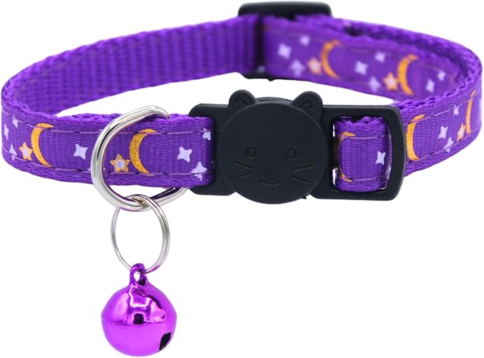 Set of 2: KioKatt Celestial Nylon Cat Collars with Matching Bells – Adjustable Breakaway Safety Collars for Adult Cats, 7–11" (Purple + Pink)