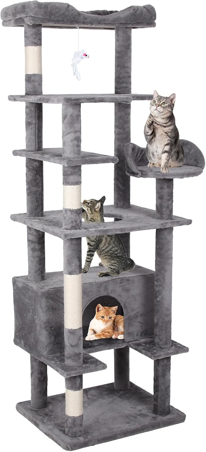 71'' Velvet Cat Climbing Frame, Multi-Level Cats Tree Tower with Scratching Posts, Large Top Padded Perch and Playhouse, Anti-Tipping Devices for Indoor Cats Activity Center (Antique Gray)