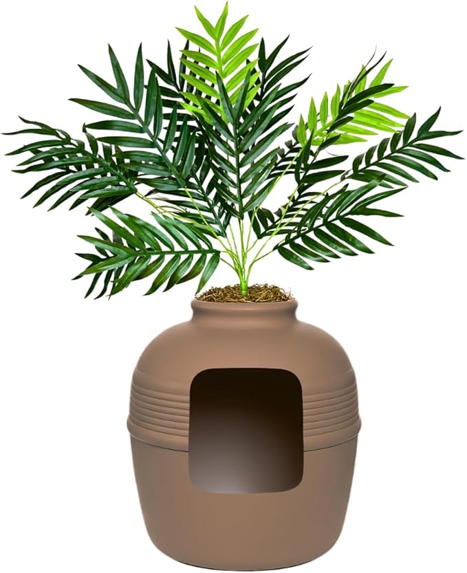 Good Pet Stuff Hidden Litter Box Planter, Decorative Cat Litter Enclosure with Carbon Filter, Artificial Plant, Easy Clean, Improved Design, Round Style, Base Kit, Chestnut Brown