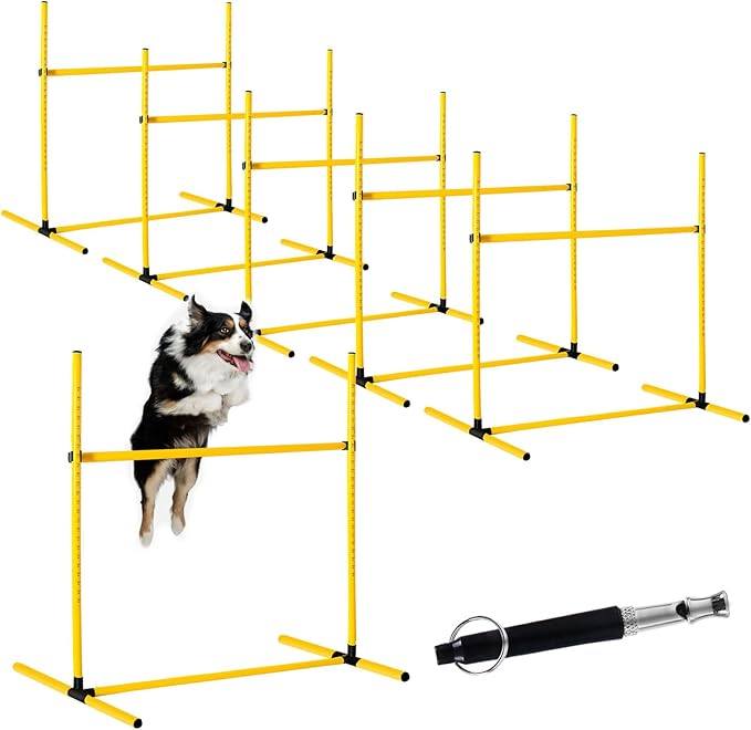 6 Pcs Dog Agility Training Equipments Dog Agility Jumps Hurdles Adjustable Jumps Hurdles Pet Jump Bars with Bag and Whistle for Indoor Outdoor Dogs Pet Jump Course Game(Yellow)