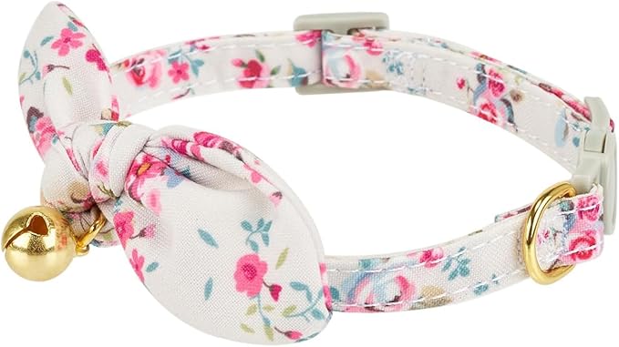 2 Pack Cotton Cat Collar, Removable Bowtie, Floral Pattern, Safety Breakaway Clasp, Adjustable for Cats.(Adult Cat, Yellow+White)