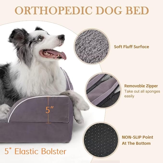 Comfort Expression Orthopedic Dog Bed for Extra Large Dogs 45x35 Inch, Waterproof Supportive Egg Crate Foam XL Pet Bed with Removable Bolsters, Dog Couch with Washable Cover & Non-Slip Bottom, Purple