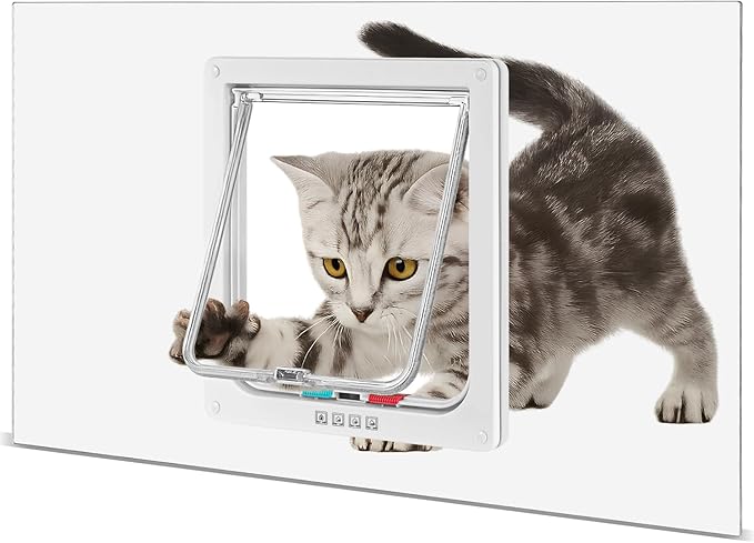 Cat Door for Window, 4 Locking Modes for Safety Cat Window Door, Fits 14"-28" Width Window, Durable Weatherproof design Cat Door, Magnetic Closure, Wider View, Pet Door With Safe & Comfortable for Cat