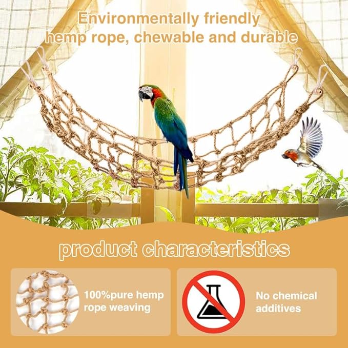 2 Packs Natural Bird Rope Net Parrot Swing Hammock for Birds Parrot Ladder Macaw Hanging Hammock Activity Toy for Rats Parakeet Cockatiel Cockatoo Conure African Grey Budgie（M 14x11inch）