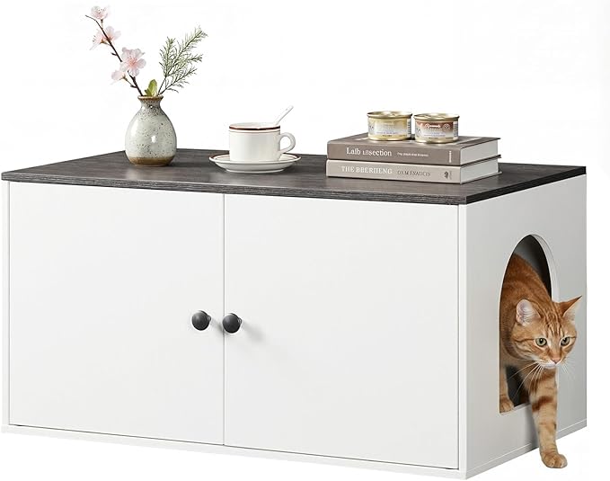 HOOBRO Cat Litter Box Enclosure, Hidden Litter Box Furniture with Side Entry, Litter Box Cabinet, Indoor Cat House, End Side Table, 31.5" L x 17.7" W x 16.3" H, White and Charcoal Gray BW40MW01