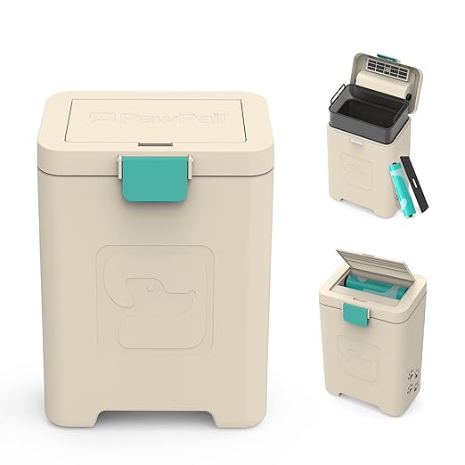 PawPail Pet Waste Station with Activated Carbon Filter and DualVent Odor Control - Outdoor Dog Poop Trash Can with 200 Dog Poop Bags - 19 Liter, Beige