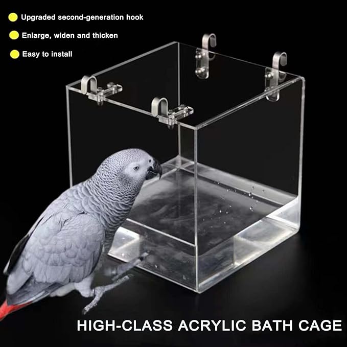 Hanging Cube Bird Bath Cage, Transparent Bird Bathtub Bath Shower with Stainless Steel Hooks for Small Bird Canary Parakeet Budgerigar Parrots Crested Myna Cockatiel Lovebird (Large)