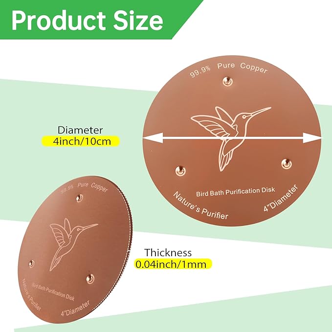 2 Pack Bird Bath Copper Discs, 99.9% Pure Copper Cleaner with Triple-Point Support, Reinforced Design for Safe Clean Water, Universal Fit for Outdoor Birdbaths and Bowls, All-Season Use