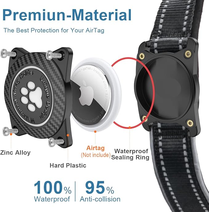 Airtag Dog Collar with Waterproof Air Tag Holder, Luminous Reflective, Soft Padded, Adjustable Nylon Pet Collar for Small Medium Large Heavy Duty Dogs,Black, S