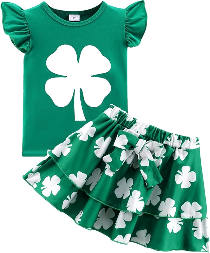 Girls Skirt Set 2 Piece Outfit Toddler Summer Clothes Ruffle Sleeve T-Shirt Bow Knot Tutu Skirt Outfit Set
