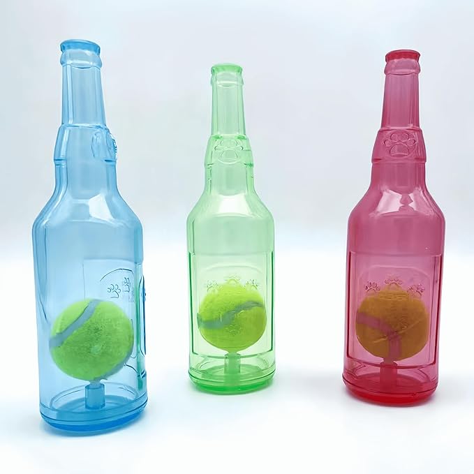 Cute Tough Dog Toy Rubber Bottle Squeaky Dogs Chew Toy Long Lasting Interactive Fetch Toy for Teething Tennis Ball Included (Blue, Large)