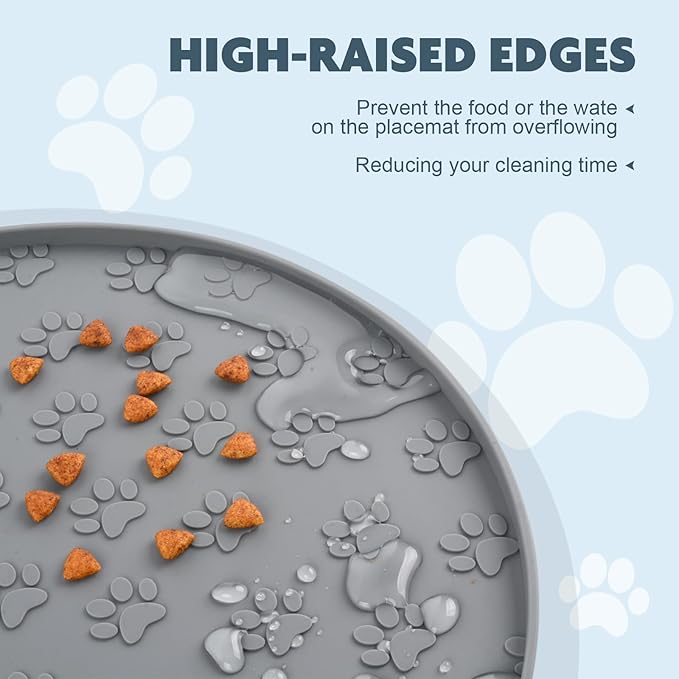 SUNLAND Silicone Dog Food Mat, Pet Feeding Mat for Food and Water, Waterproof Non-Slip Cat Feeding Bowl Mat with Raised Edge, Prevents Residue from Spilling onto The Floor Grey