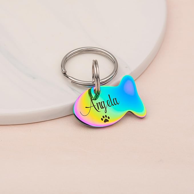 Anavia Small Size Dog Cat ID Tags, Small/XS Personalized Color Plated Stainless Steel Puppy Kitten Name Tags, Customized Engraved Nameplate Pet Collar Tag (Rose Gold, Fish)