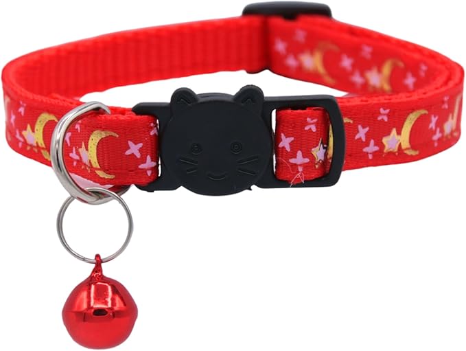 Set of 2: KioKatt Celestial Nylon Cat Collars with Matching Bells – Adjustable Breakaway Safety Collars for Adult Cats, 7–11" (Black + Red)