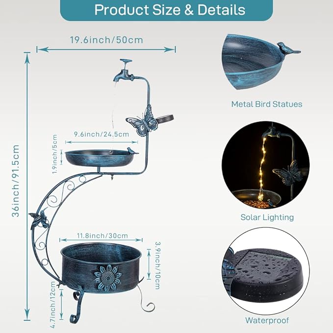 VEWOGARDEN Vintage Solar Bird Bath for Outside Garden with Planter, Outdoor Metal Standing Birdbath for Garden Yard Patio Decoration, Blue