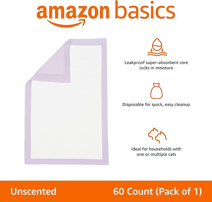 Amazon Basics Cat Pee Pads, Odor Control, Super Absorbent, Disposable, Universal Fit for Litter Box, Unscented, Multi Cat, White/Purple, 60 Count