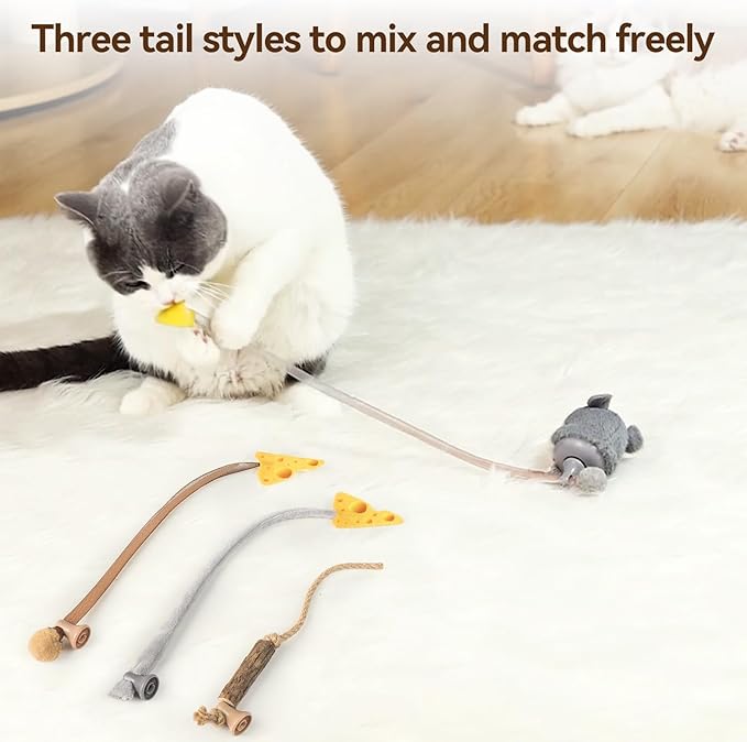 Migipaws Cat Toy Replacement Tails 3 Pack - Interactive Cat Toys Attachments with Elastic Plastic, Soft Fabric & Silvervine Rope Tails - Compatible MigiMouse Cat Toy for Indoor Cats