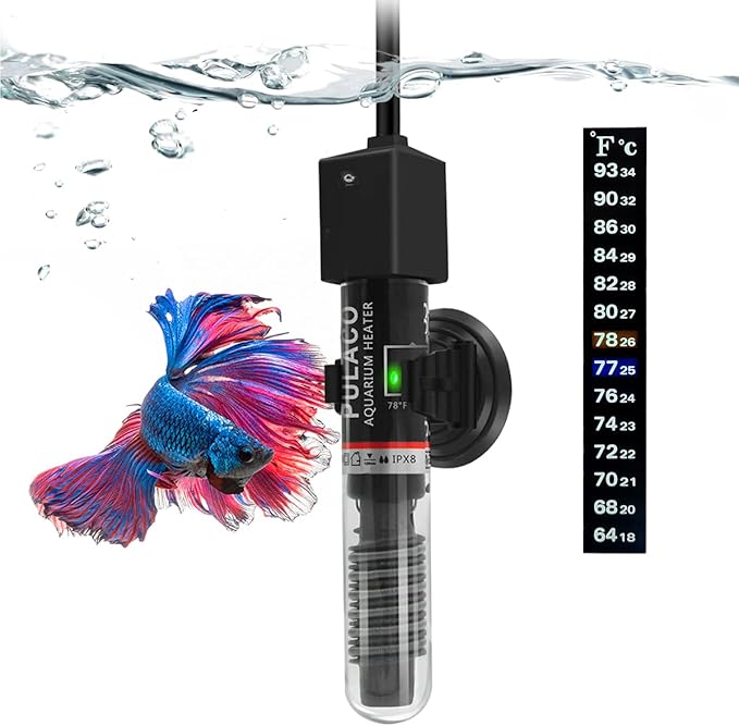 PULACO 25Watt Mini Aquarium Submersible Betta Heater with Free Thermometer Strip for 1-6 Gallon Fish Tanks (Preset Temperature 78℉)