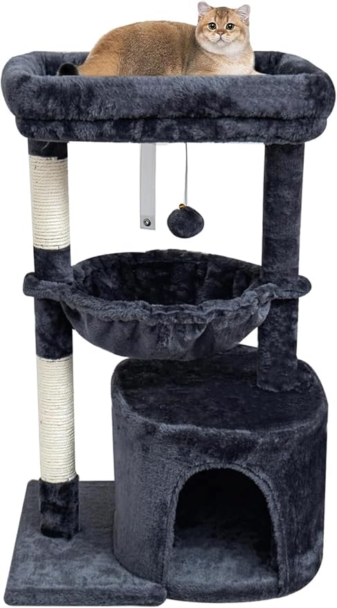 SYANDLVY Small Cat Tree for Indoor Cats, Cat Tower with Scratching Post, Modern Cat House with Padded Perch, Kittens Condo with Cradle, Smoky