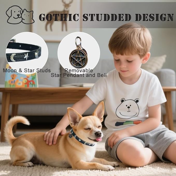 2 Pack Leather Cat Collar Breakaway with Bells and Pendant Adjustable Spiked Kitten Collar for Boy Cats Gothic Studded Cat Collar Moon and Star Black 8”-12”