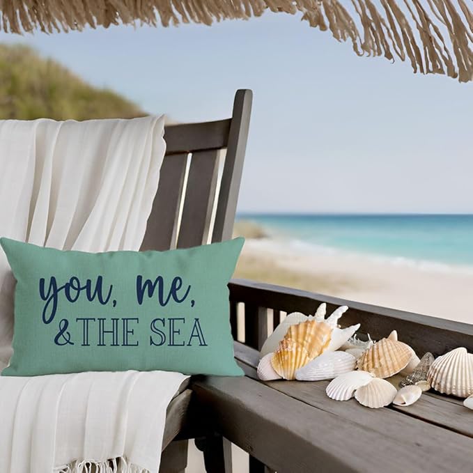 PANDICORN Summer Beach Throw Pillow Cover 12x20 Inch Blue Words You Me and The Sea Ocean Sea Coastal Aqua Outdoor Decorations Lumbar Decorative Cushion Case for Sofa Couch Home Living Room Decor