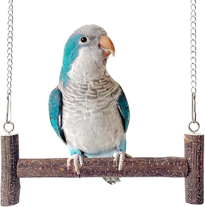 Natural Wood Parakeet Swing Toy, Cockatiel, Lovebird, Budgie Wooden Perch Stand, Small and Medium Bird Cage Accessories (Large)
