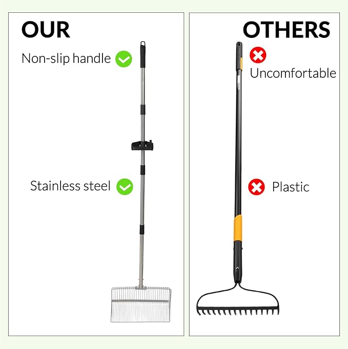 Garvee Chicken Poop Scooper Adjustable 24" to 72" Long Handle Chicken Coop Rake for Pet Waste Cleaning,Stainless Steel Handle Litter Scooper & Sifting Shovel for Chicken Coops