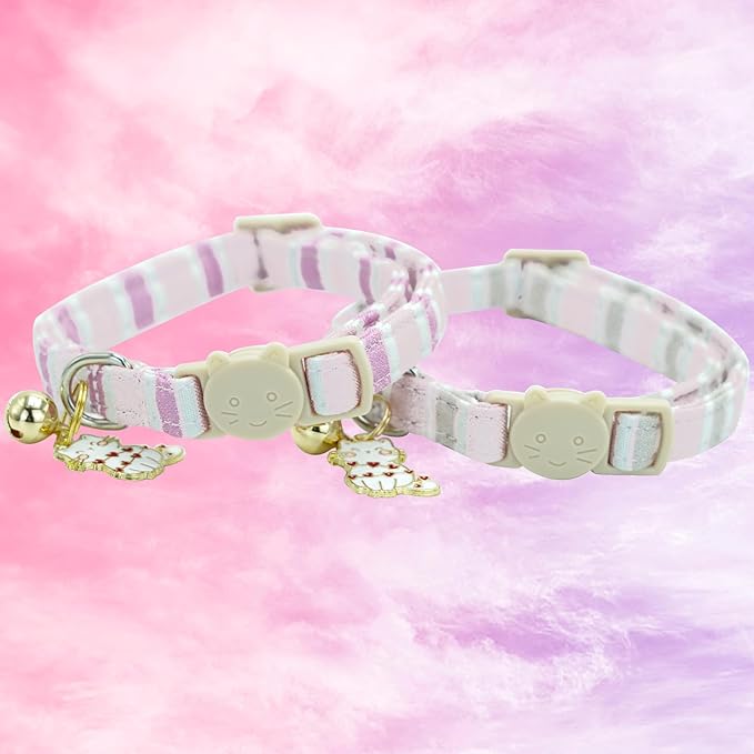 Elegant little tail 2 Pack Cat Collar-Pink Strip Cotton Breakaway Cat Collars with Bell Pendant Kitten Girl Safety Adjustable Collar for Small Cats Puppy
