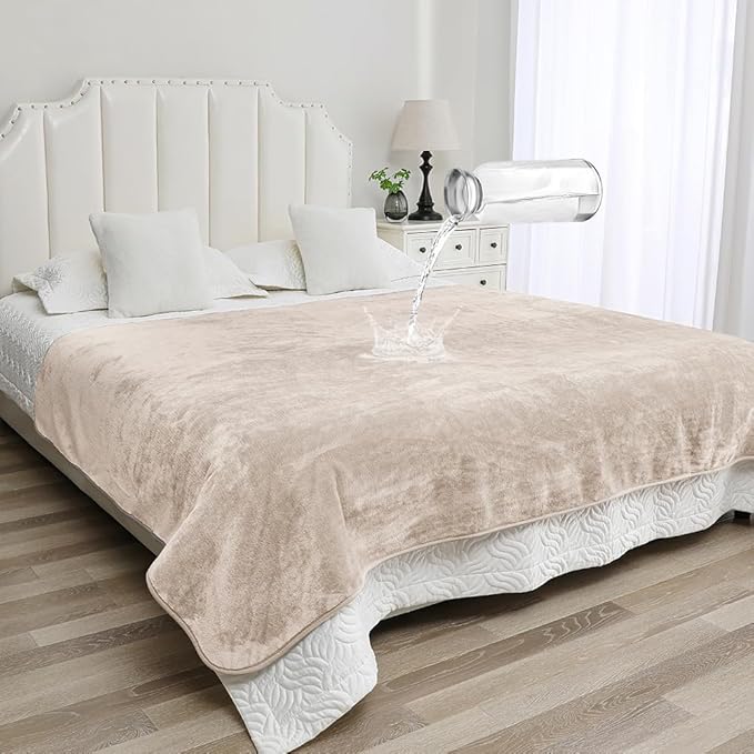 Waterproof Blanket for Beds – Ideal for Couch & Pets Splash Proof Sherpa Throw, Leakproof TPU Layer, Stain Resistant Washable Bed Protector – Khaki, 90"x 80"