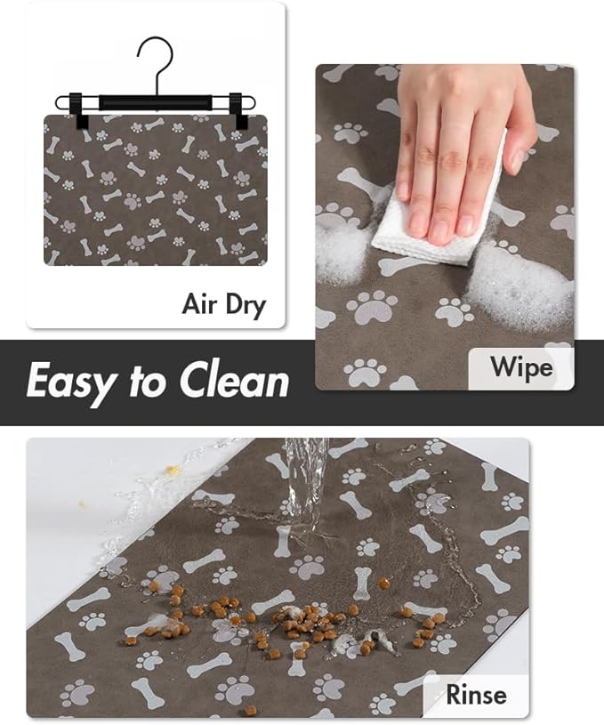 MontVoo Dog Food Mat-Pet Feeding Mat for Food and Water-No Stains Quick Dry Dispenser Cat Bowl Mat for Messy Drinkers(12"X19" Brown)