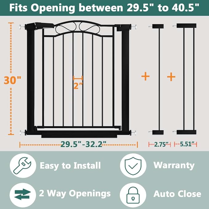 Fairy Baby 29.5"-40.5" Extra Wide Baby Gate, Pressure Mount Long Dog Gates for House Stairs Doorways, Auto Close Metal Safety Child Gate with Door No Drilling, Tension Pet Gate Indoor, Black