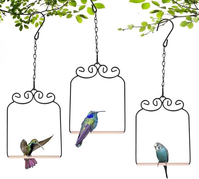3PK Metal Frame Hummingbird Swings and Perches with Wooden Dowel Black Bird Swing Outdoor Bird Perch Humming Bird Swing (3PK)