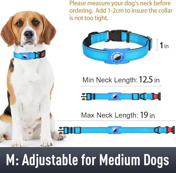 Airtag Dog Collar with AirTag Holder for Medium Dogs, Reflective, Soft Padded & Safety Locking Buckle, Nylon Pet Collars Adjustable for All Breeds, SkyBlue,M
