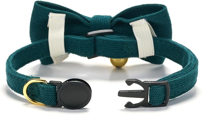 Soft Corduroy Cat Collar with Bell and Bowtie, Safety Breakaway Clasp, Adjustable for Kitten and Cats Green Color.