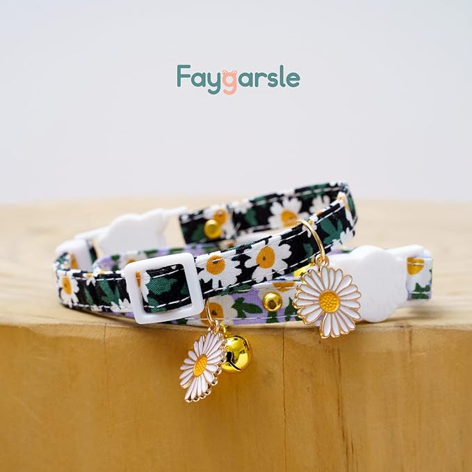 2 Pack Cotton Breakaway Cat Collars with Bell Daisy Pendant Kitty Kitten Collars Black Blue Collar for Female Girl Cats Male Boy Cats
