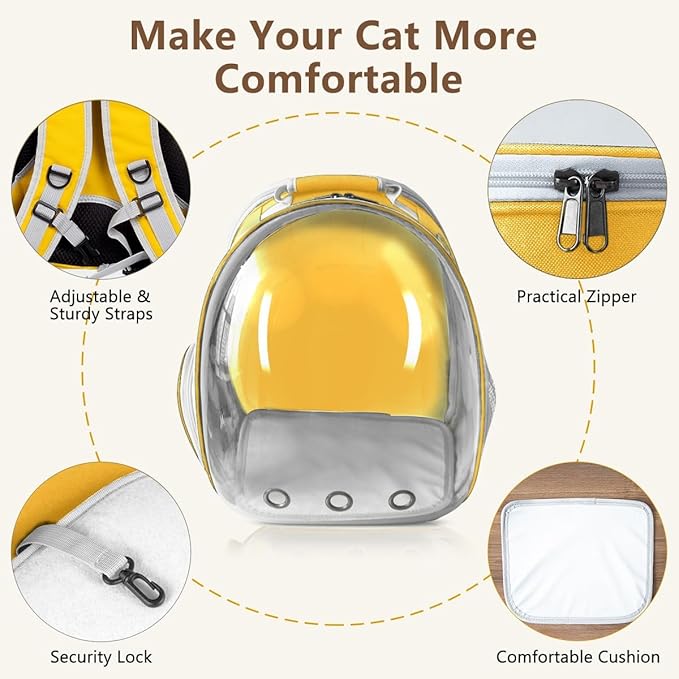 Cat Backpack Carrier Back Expandable Bubble Pet Carrier Backpack for Large Cat, Kitten and Dog, Designed for Hiking, Travelling and Outdoor Use (Back Expandable-Yellow)