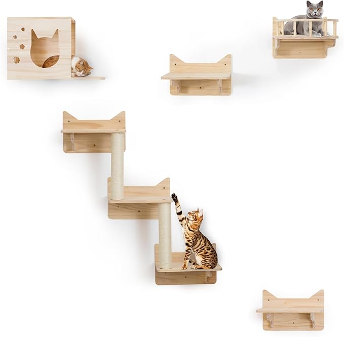 Cat Wall Shelves for Large Cats – Pine Cat Wall Furniture 9-Piece Climber Set with House, Ladder & Scratching Posts, Space-Saving, Sturdy, Supports Multiple Cats