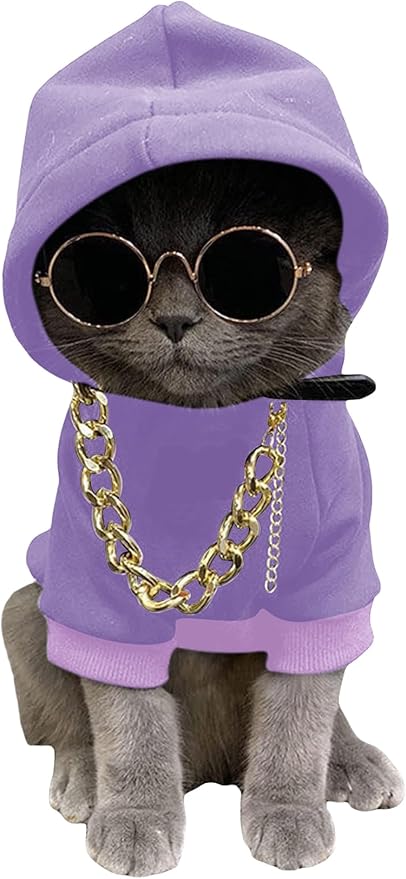 QWINEE 3Pcs Dog Hoodie Cat Apparel Dog Custume Set with Necklace and Sunglasses Pet Clothes for Puppy Small Medium Dogs Cats Mauve Purple Large