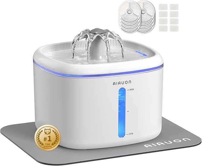 Cat Water Fountain,84oz/2.5L Pet Cat Fountain – Ultra Quiet Upgraded Automatic Pet Water Dispenser with 8 Replaceable Filters, Indoor Cat & Dog Drinking Bowl (with mat)