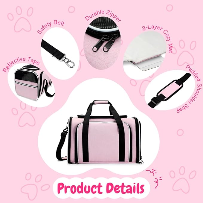 Double Expandable Cat Carrier,Airline Approved Soft-Sided Pet Travel Carrier for Small Dogs Cats under 15 lbs,Waterproof 600D Oxford Fabric with Washable Replacement Liner,Odor-Free & Claw-Proof(Pink)
