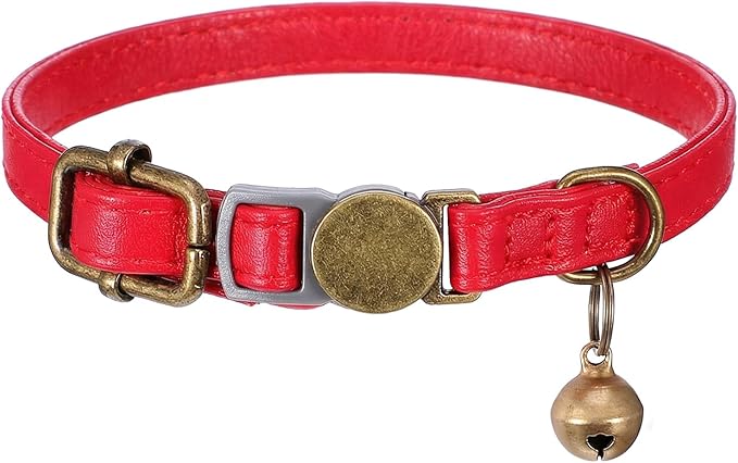 Red Cat Collar, Breakaway Leather Cat Collar Adjustable Red Kitten Collars with Bell Quick Release Buckle for Most Cats and Kittens