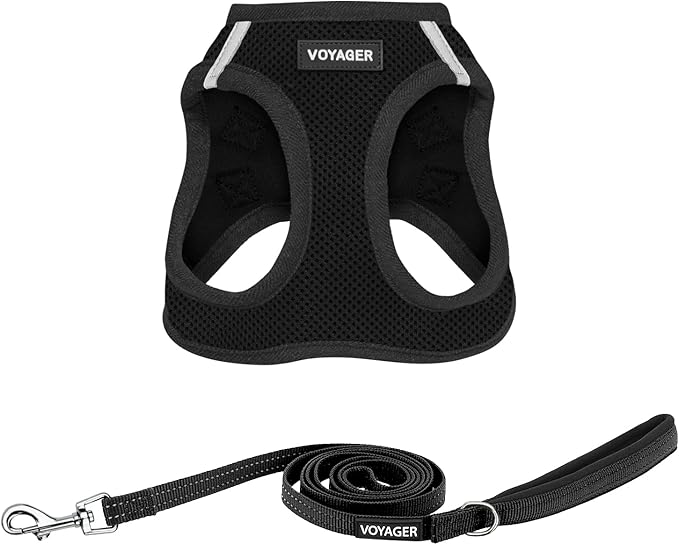 Best Pet Supplies Voyager Step-in Air All Weather Mesh Harness and Reflective Dog 5 ft Leash Combo with Neoprene Handle, for Small, Medium and Large Breed Puppies - Set (Black), L