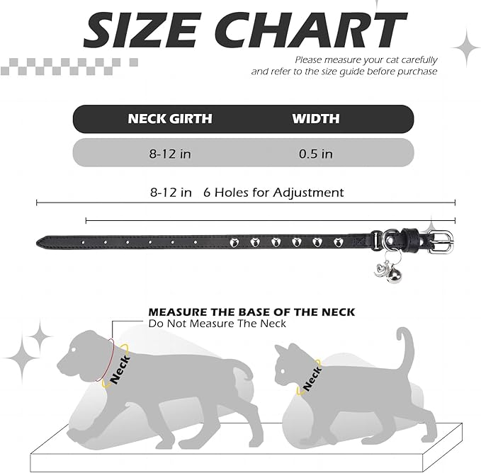 EXPAWLORER Leather Cat Collar for Girl Boy- Adjustable Pet Collar with Safety Elastic Belt,Personalized Heart Accessories Buckle Collars with Bell & Durable D-Ring,Heart (Black)