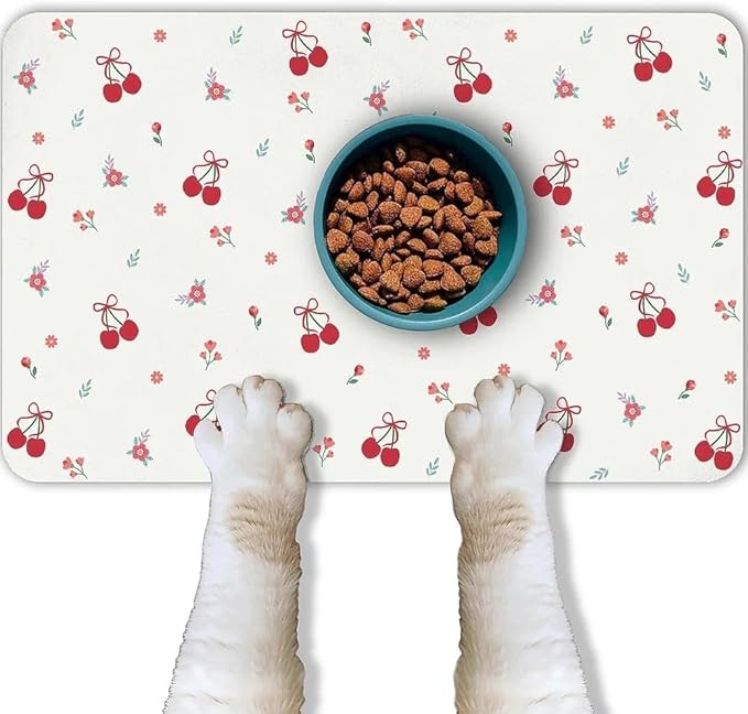 Dog Food Mat for Pet Cat Food Mat, Cherry Absorbent Quick Dry Dog Bowl Mats for Food and Water, Non-Slip Cat Pet Feeding Mats for Floor Placemats 12"x20"