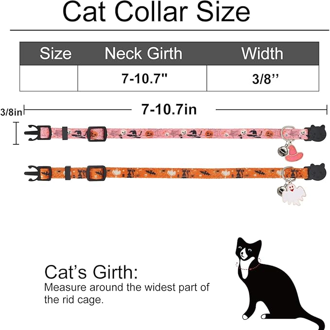 Halloween Cat Collar, Cotton 2 Pack Cat Collar with Bells, Breakaway Collars for Girl Boy Cats Kittens, Halloween Pink